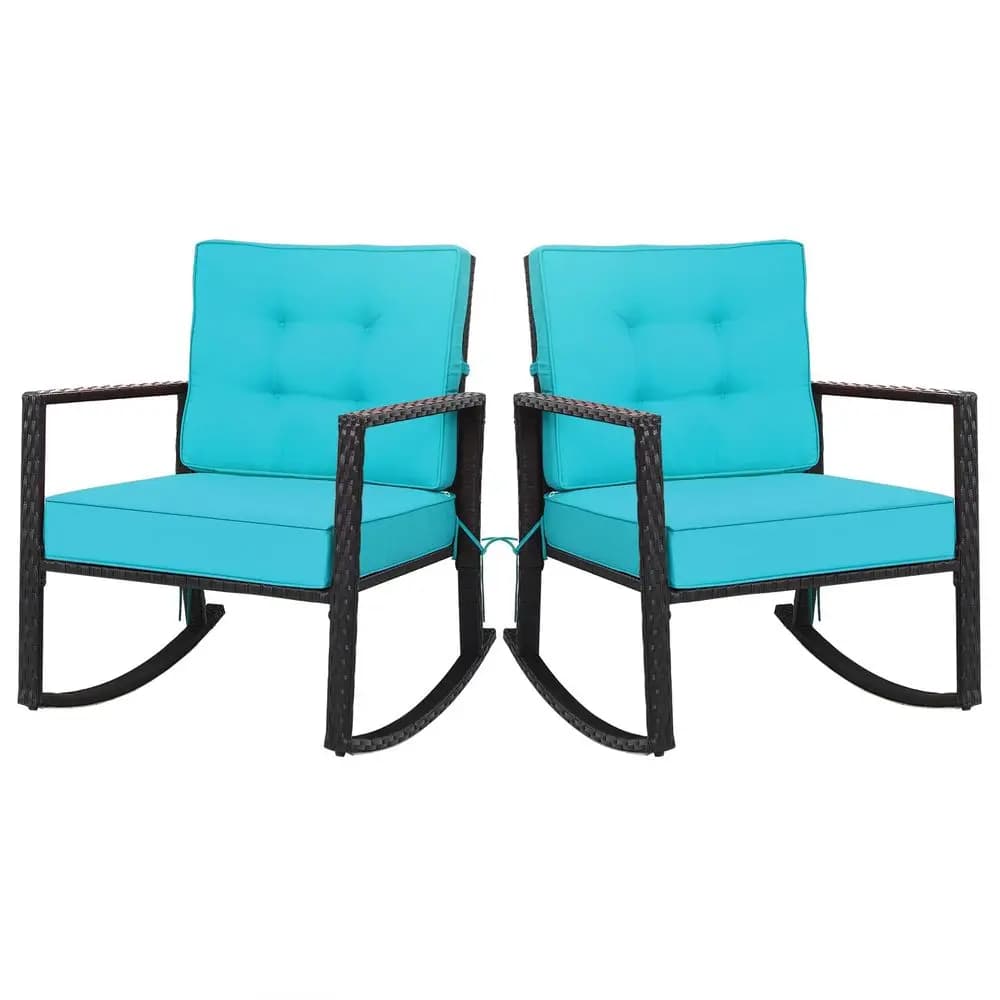 Set di 2 Sedie a Dondolo, Sedia a Dondolo da Esterno in Rattan con 5 Cuscini Spessi, Mobili da Giardino in Vimini per Portico, Prato, Balcone