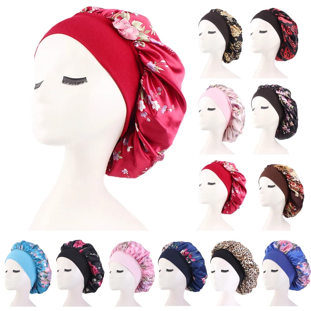 Women Print Turban Satin Night Sleep Hat Bonnet Chemo Cap Bonnet Head Scarf Beanies Skullies Wide Band Hair Loss Cover Hair Care