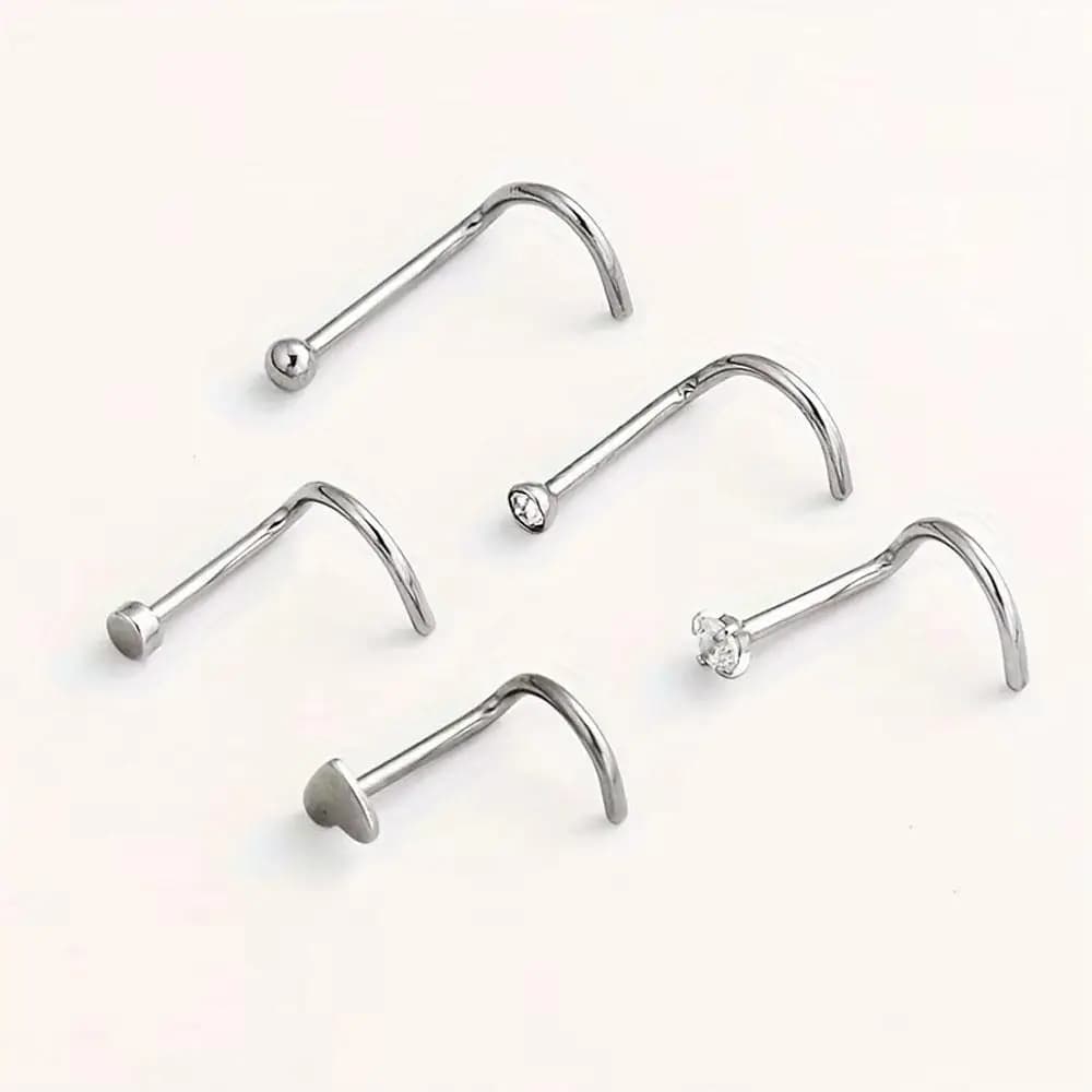 1/5pcs Set Stainless Steel Nose Nails Round Cubic Zirconia Nose Studs Piercing Jewelry Cartilage Stud Earrings Heart-Shaped