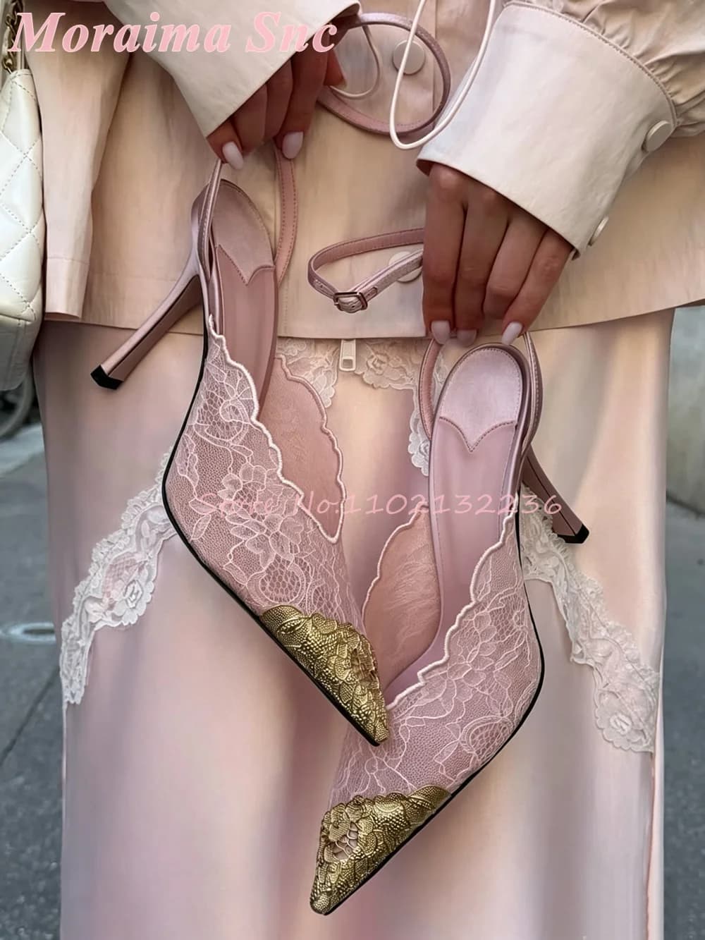 Gold Floral Toe Lace Pointed Toe Sandals Stiletto Heel Buckle Ankle Strap Blush Pink Satin Vintage Bridal Statement Footwear New