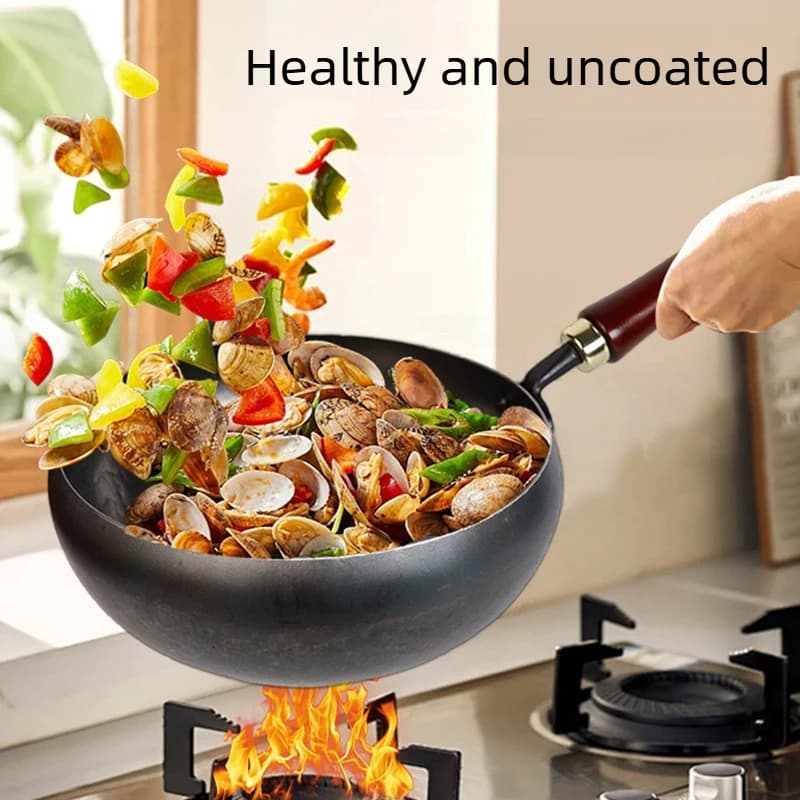 Deep Belly Wok Hand Forged Hot Forged Iron Pan Home Traditional Small Stir Fry No Coating Non Stick Rust Proof for Cooking