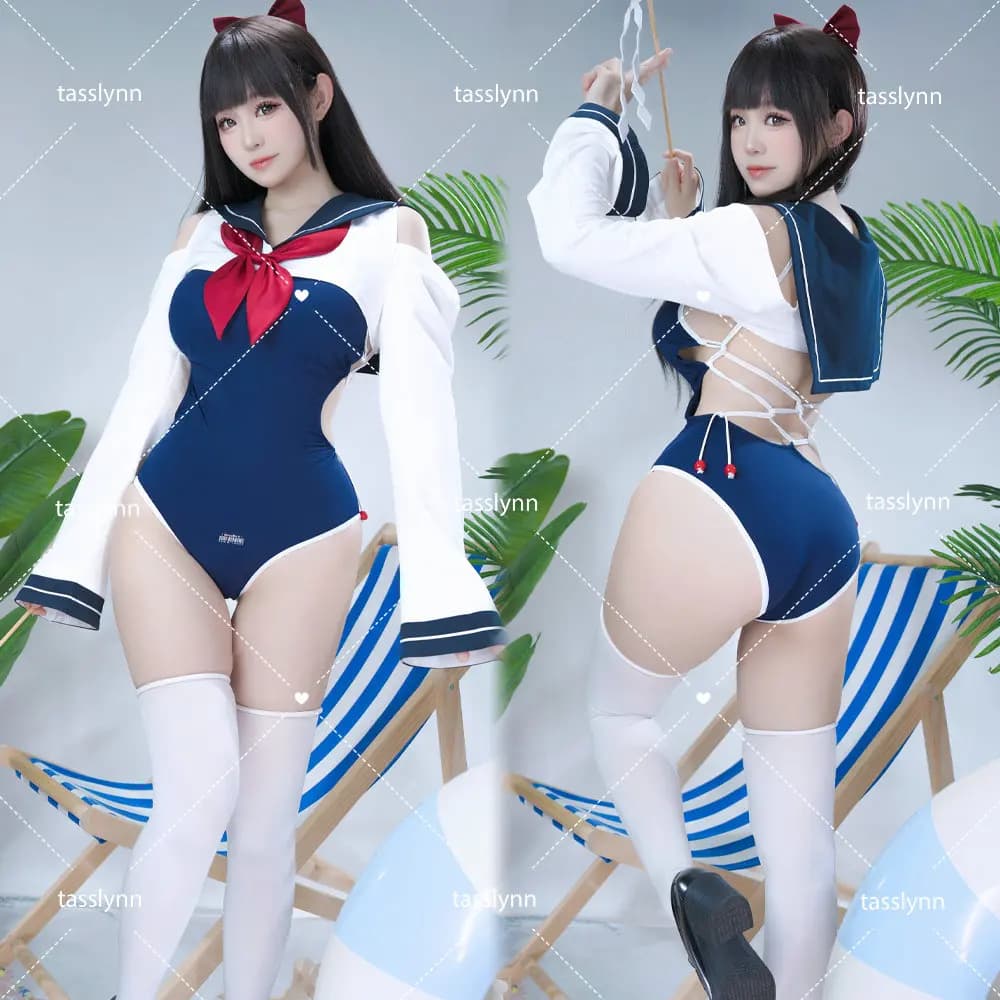 Japanese Anime Hai Yueji Summer Swimsuit Kuragehime Cosplay Costume Sexy Sukumizu Women Dirty Tech Blue Summer Jumpsuit and Top