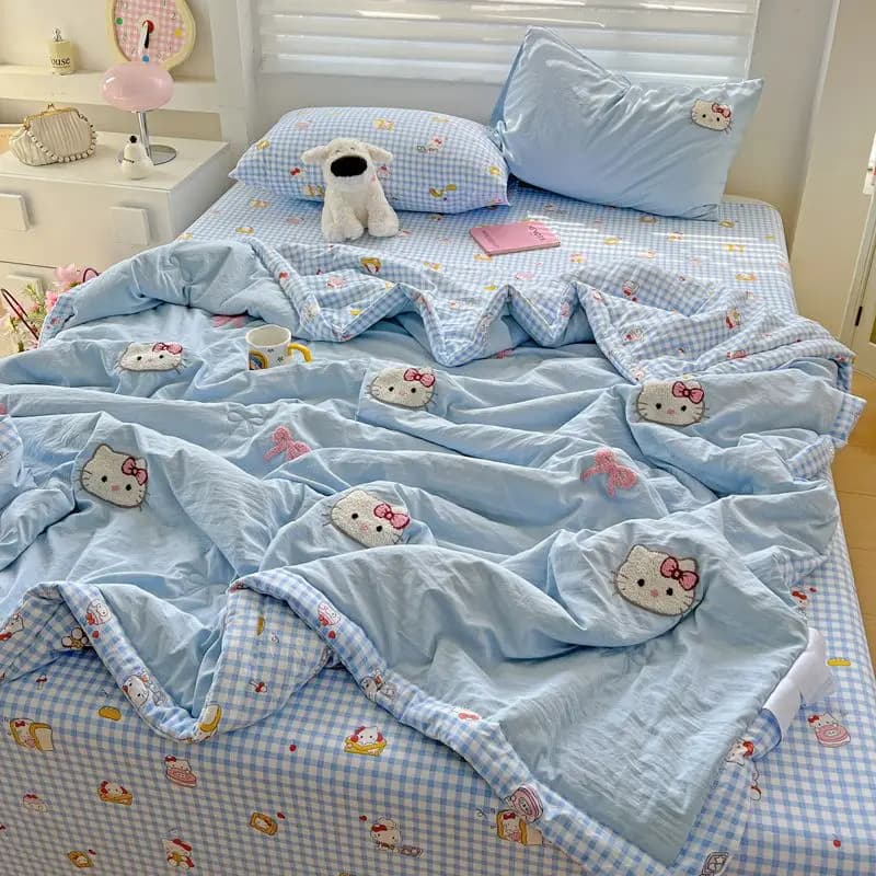 Set Tre Pezzi di Lenzuola e Federe per Bambini con Hello Kitty, Coperta Traspirante per Condizionatore d'Aria