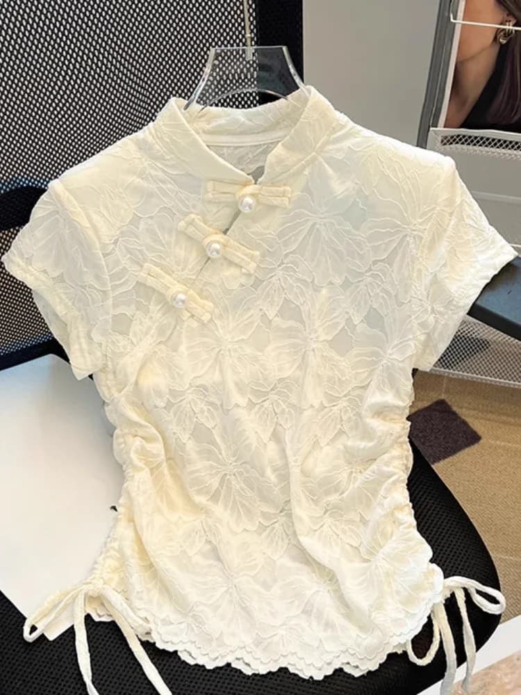 Chinese Styl Shirts Stand Neck Short Sleeve Solid Color Draw String Jacquard Crop Tops Summer Female Slim Elegant Women Clothing