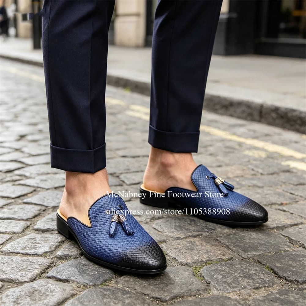 Blue Black Gradient Woven Leather Backless Mules Tassel Decor Slip on Loafers Casual Dress Shoes for Men Summer Daily Office