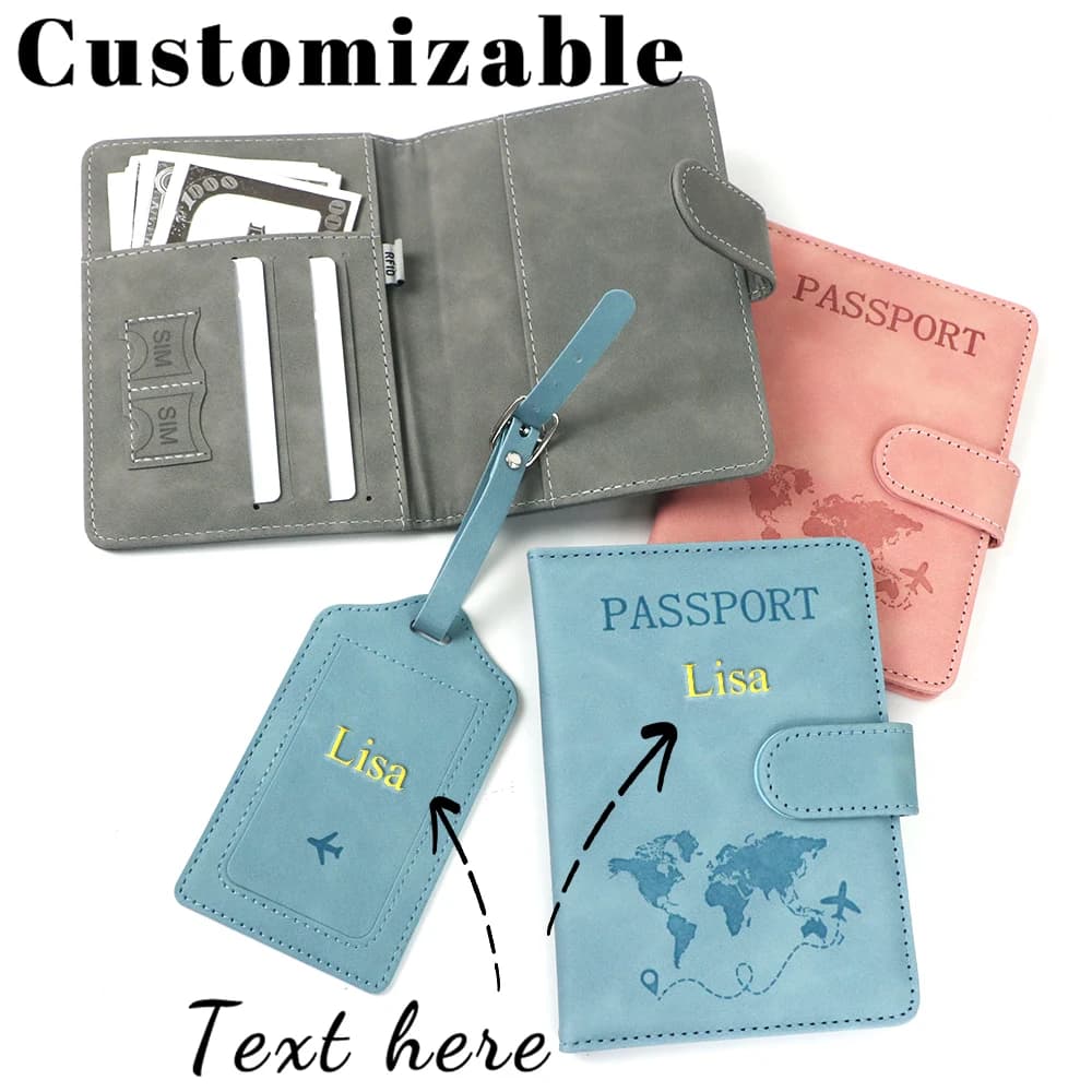 Set di porta passaporto in pelle PU con nome personalizzato, anti-magnetico, con etichetta per bagagli e chiusura magnetica.