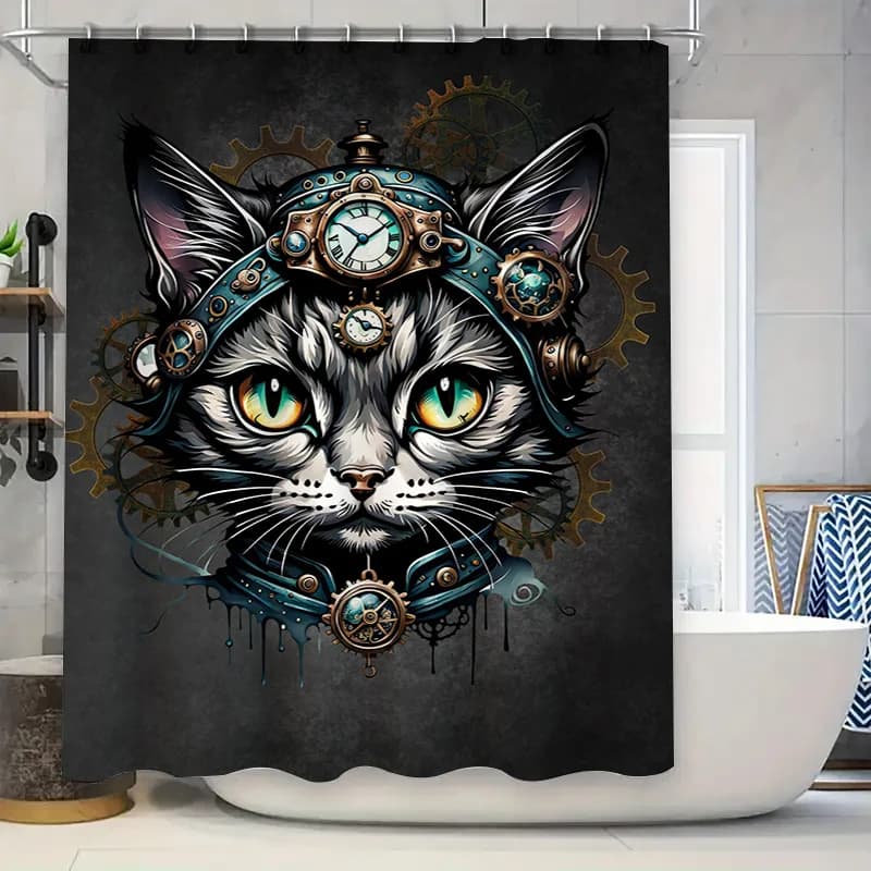 Steampunk-themed shower curtain with cat design featuring clockwork accessories perfect for adding a touch of whimsy to your bat