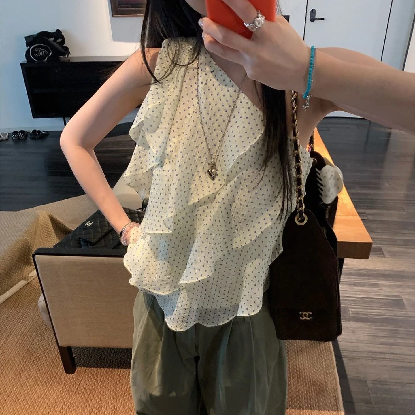 Top da donna con scollo all'americana a pois, camicetta senza maniche con volant, canotta leggera in chiffon per l'estate, casual, per tutti i giorni