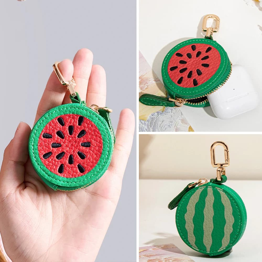 Kawaii Fruit Shape Mini Coin Purse Keychain Portable PU Leather Zipper Pouch for Coins Earbuds