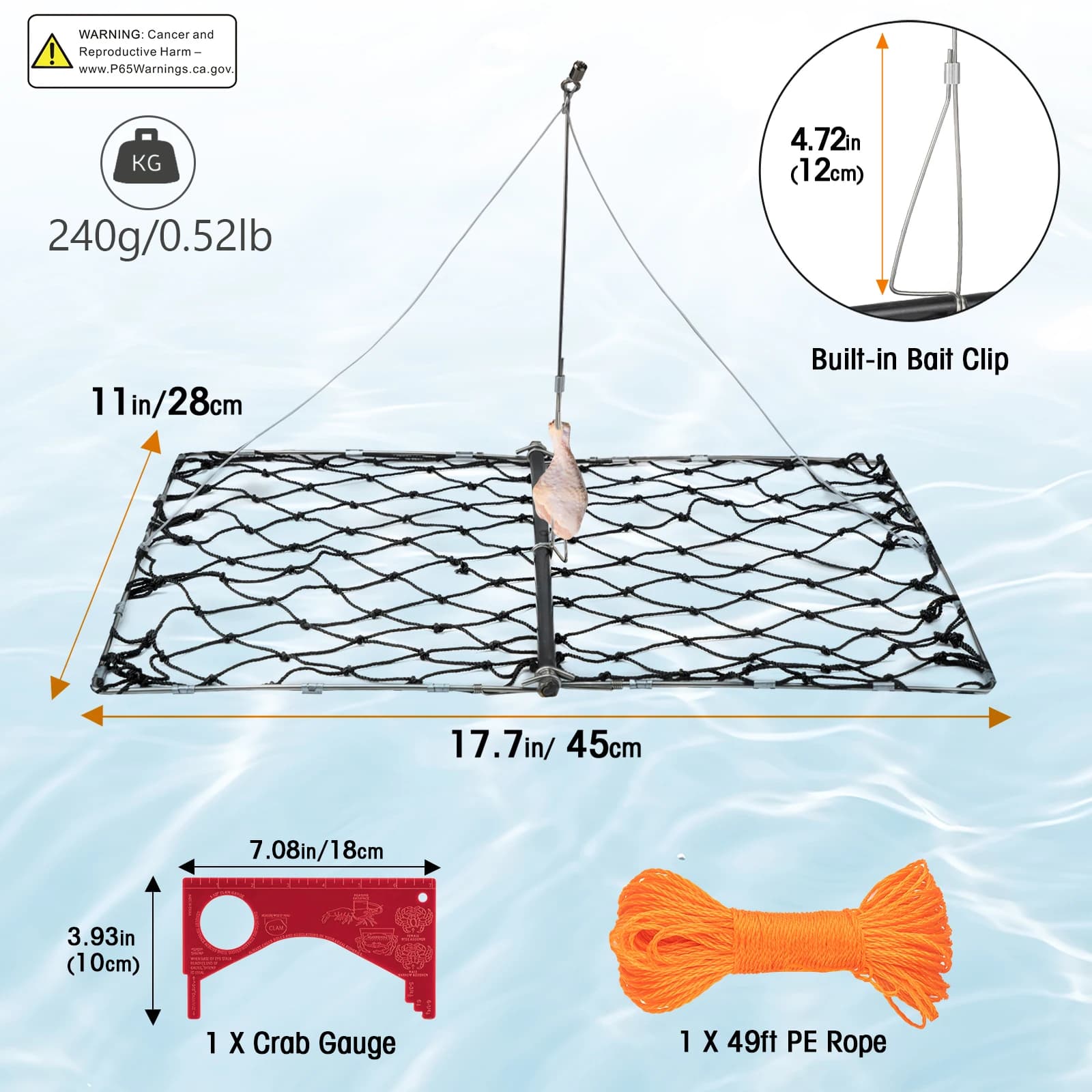 Qualy Pieghevole Trappola per Granchi Catcher Castable Esca in Acciaio Inossidabile Gabbia Reti da Pesca in Nylon con Corda Esca Clip Aragosta Gamberetti Granchi