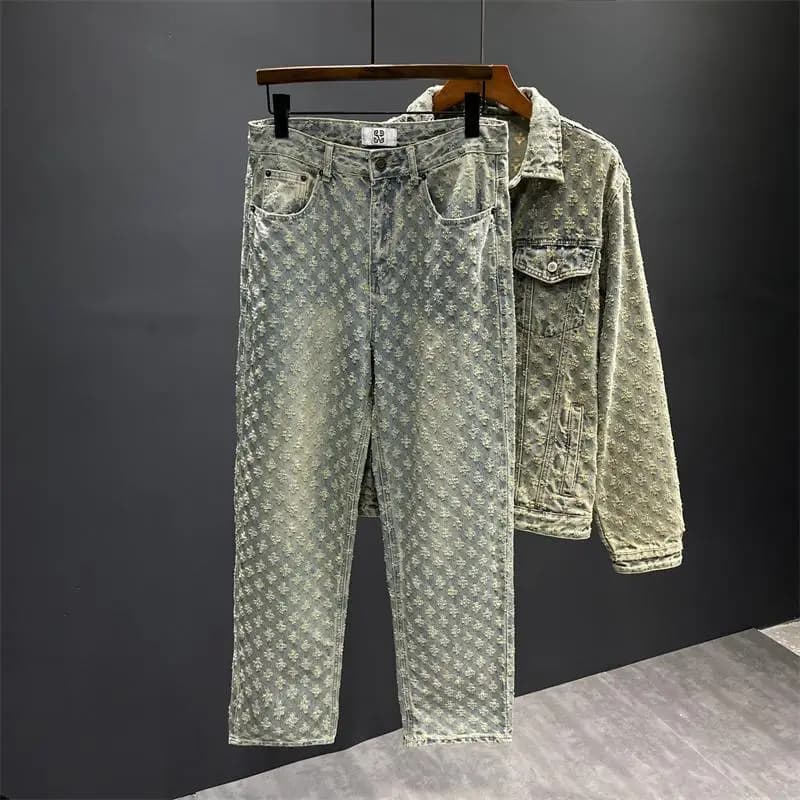 2025Pantaloni da strada europei e americani Ins Trendy Brand Jacquard Full Print Design Feeling Jeans Pantaloni larghi a gamba larga da uomo