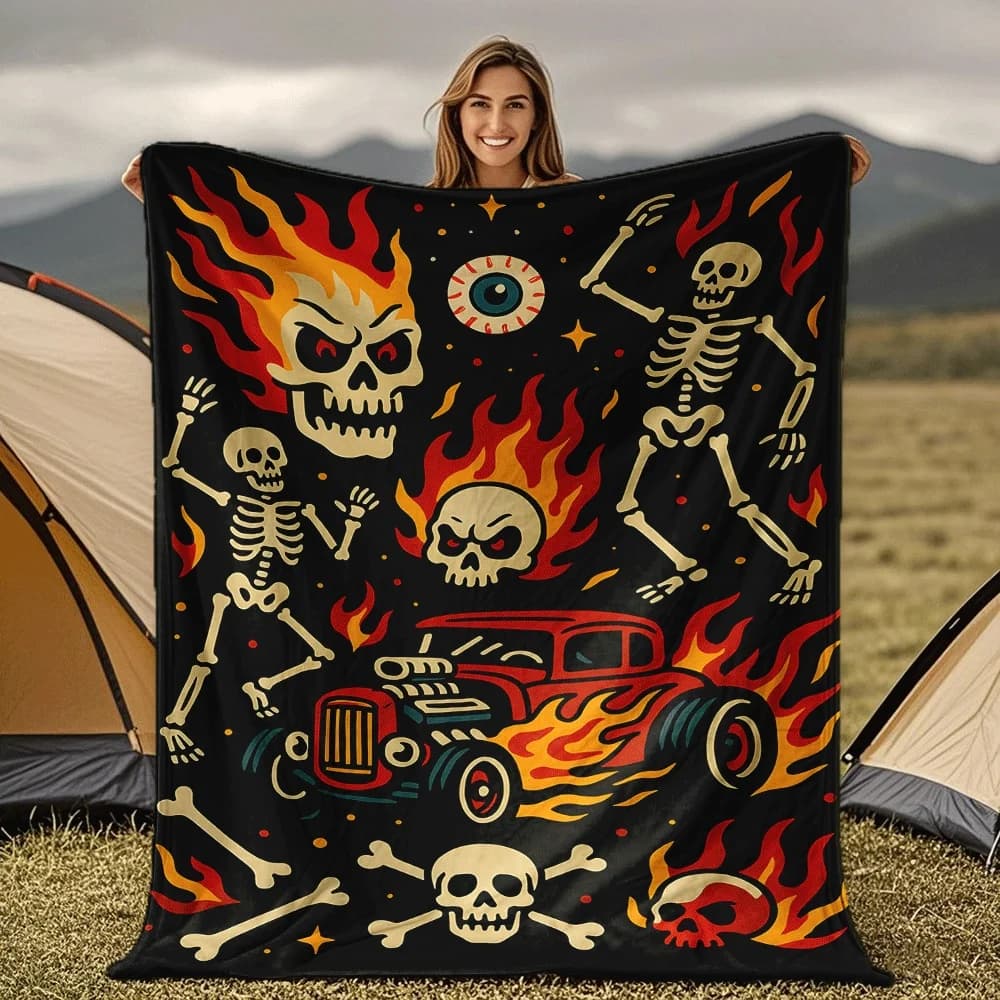 Testa di scheletro con motivo a fiamma Coperta Divano letto Viaggio Campeggio Soggiorno Ufficio Coperta condizionata per regali per tutte le stagioni