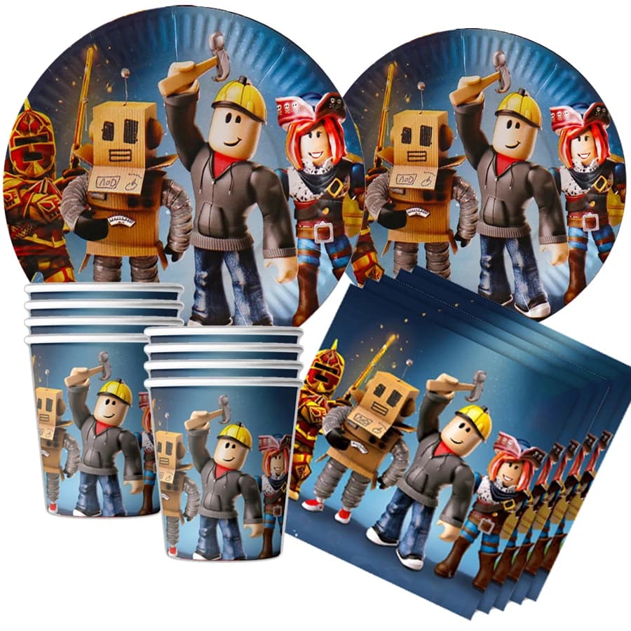 Hot Roblox Game Party Decorations Tableware Paper Cups Tablecloth Slap Bracelets Tattoos Stickers Party Favor Gifts Supplies