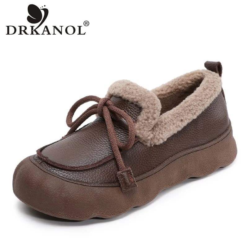 DRKANOL Moda Donna Inverno Caldo Peluche Scarpe Slip On Mocassini Fatti a Mano Retro Vera Pelle di Mucca Suola Spessa Soffici Scarpe di Cotone