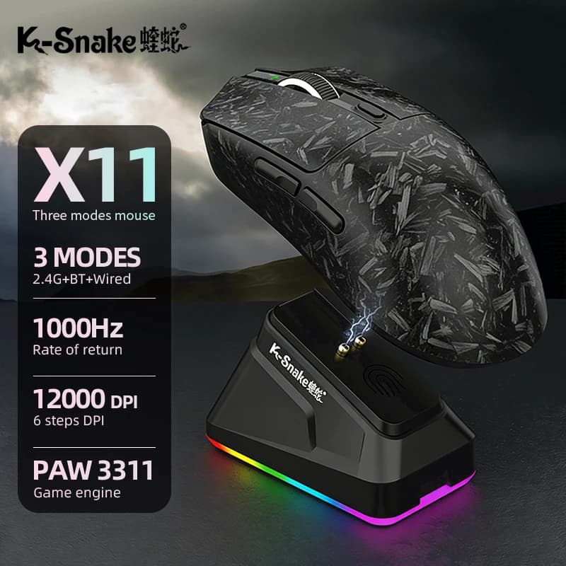 Mouse wireless Bluetooth X11 per gaming ed e-sport, tre modalità, per laptop e computer desktop, leggero, con ricarica magnetica