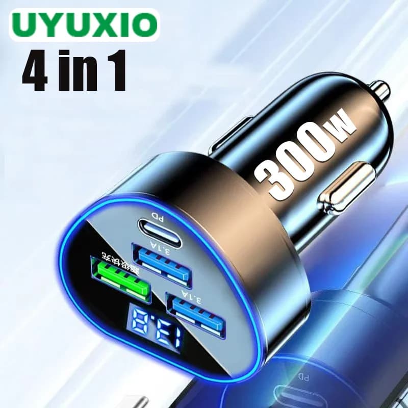 Adattatore per caricabatteria da auto USB C UYUXIO 4 in 1 con display di tensione Ricarica super veloce in auto per iPhone 15 Pro Max Samsung Huawei