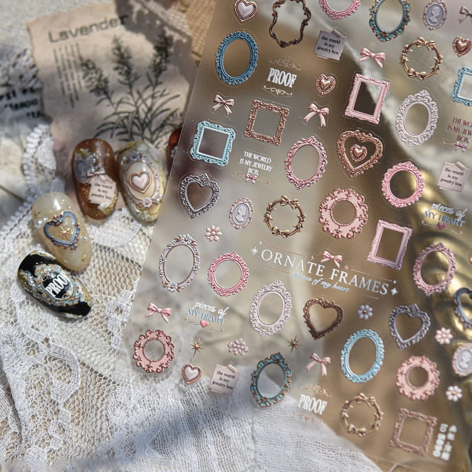 Vintage Frame Nail Decals 5D Ornate Relief Picture Frame Raised Heart Rectangular Oval Lace Border Bow Flower Nail Art Stickers