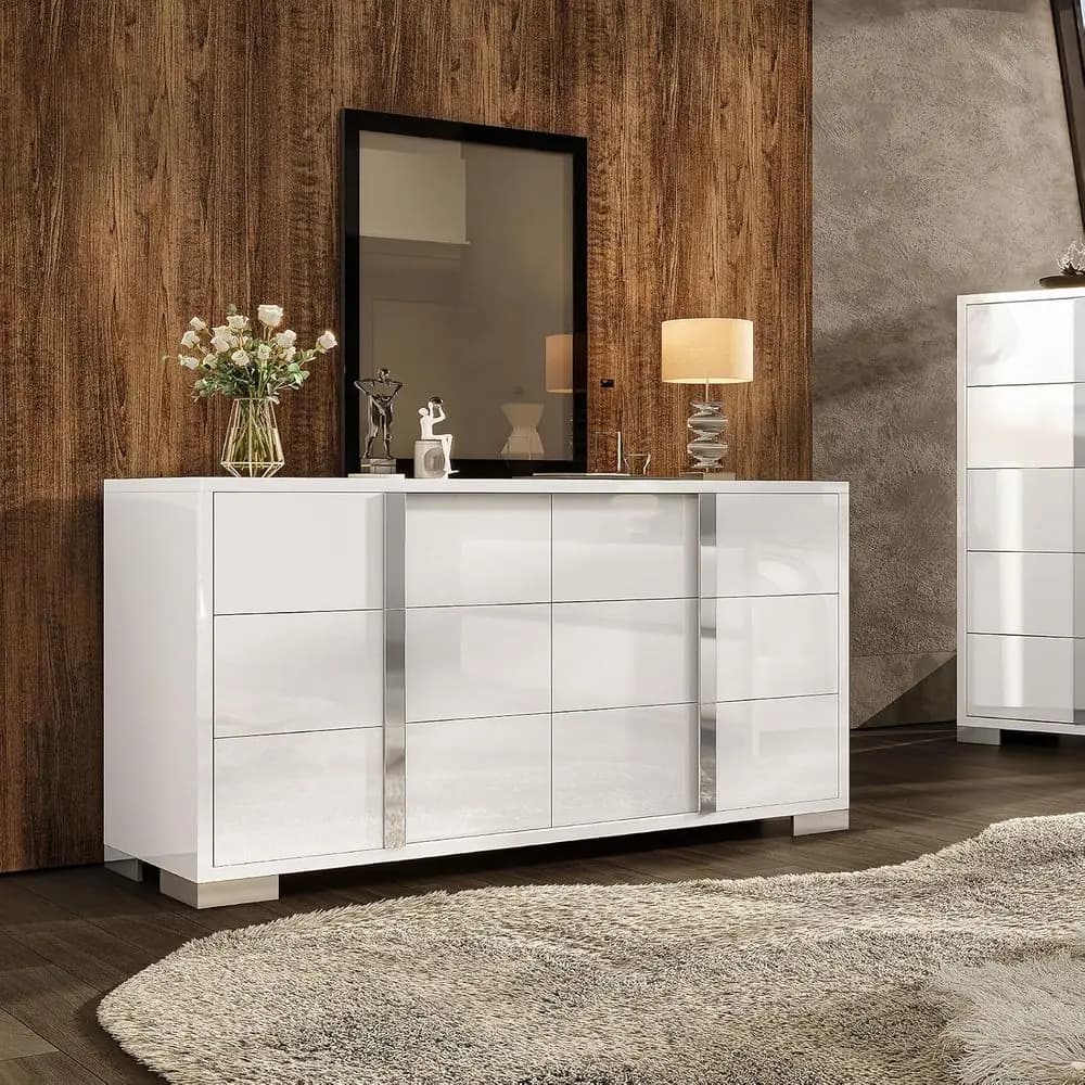 White High Gloss 6 Drawer Dresser with Silver Handles, Wide Tabletop Storage Chest for Bedroom, Dining, Living Room