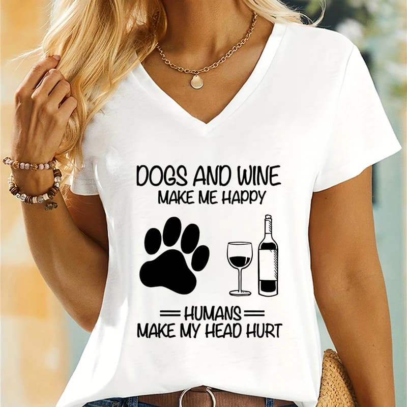 Cani e vino Make Me Happy Stampa Tshirt Casual Abbigliamento donna Zampa di cane Camicia a maniche corte Amanti del vino Moda Scollo a V Lady T Shirt