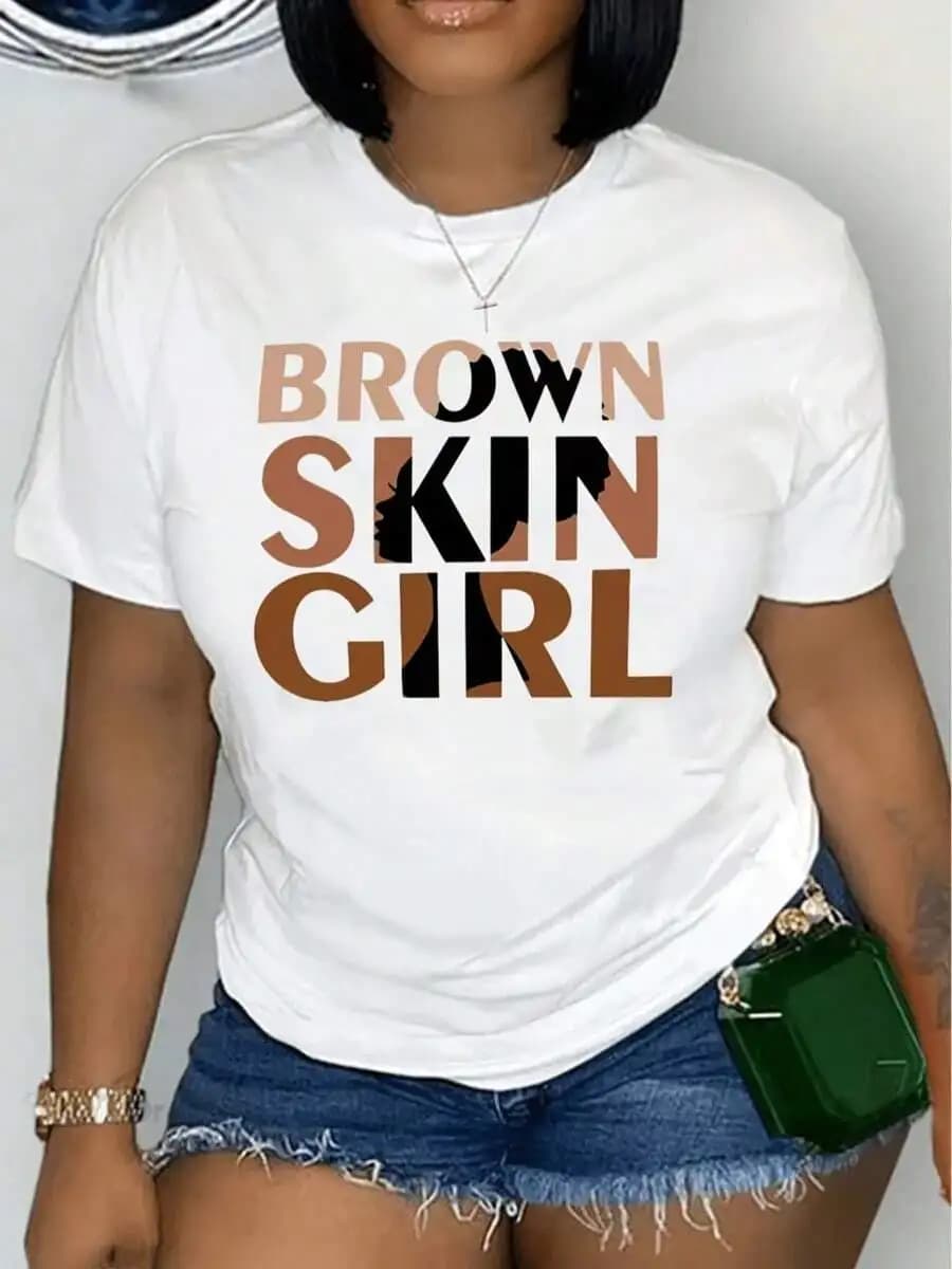 Brown Skin Girl Graphic Tee Women Casual Crew Neck Short Sleeve T-Shirt
