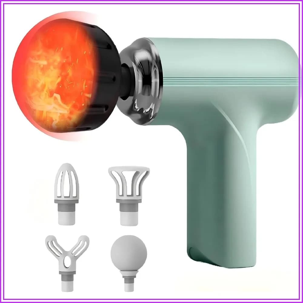 Massage gun with heat – Percussion massager for deep tissues, mini portable muscle gun, 5 heads, silent and portable