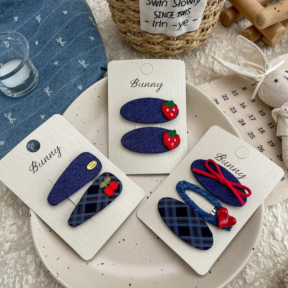 Retro denim fragola ciliegia forcina ragazza frangia clip laterale forcina per bambini fermaglio per capelli mollette copricapo accessori per capelli per bambini