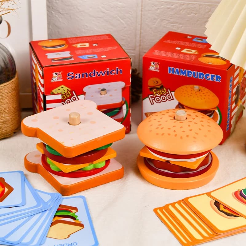 Kawaii Wooden Pretend Fast Food Stacking Blocks Hamburger Sandwich Matching Toy Toddler Role Play Birthday Gift For Kids