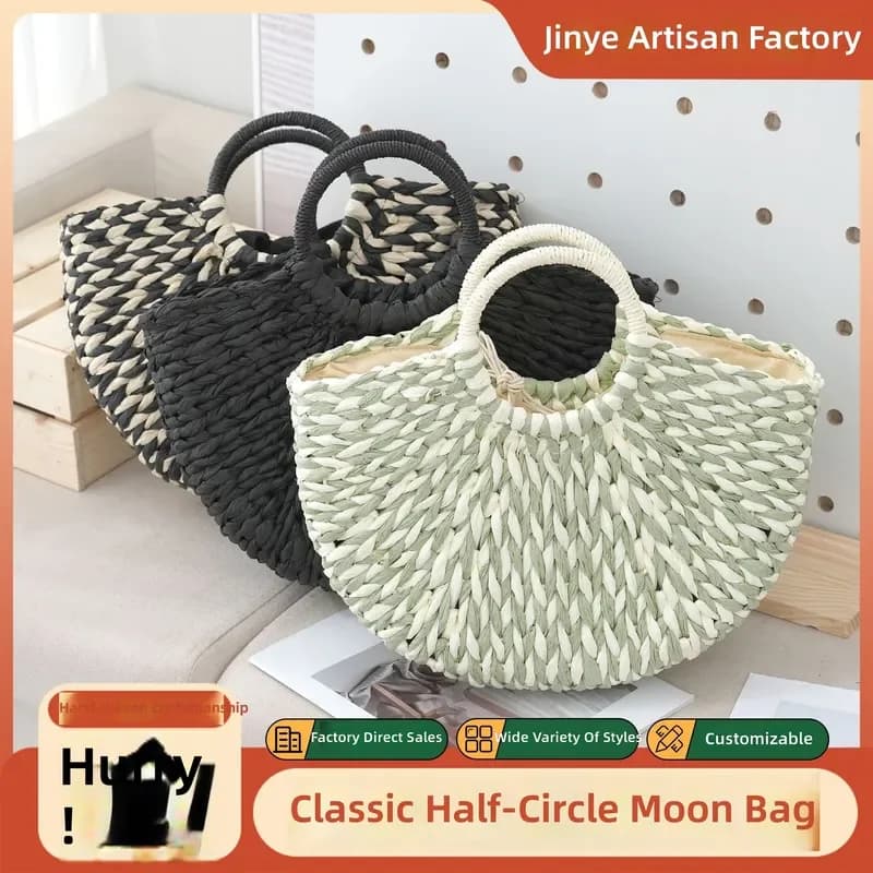 Women Moon Bag Semi Round Handbag Mixed Color Woven Design 3D Structure Fashion Summer 2024 Trendy Shoulder Tote for Ladies