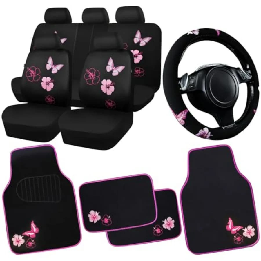 Set Completo di Coprisedili Universali in Tessuto con Ricamo a Farfalla, Tappetini Impermeabili e Coprivolante per Auto
