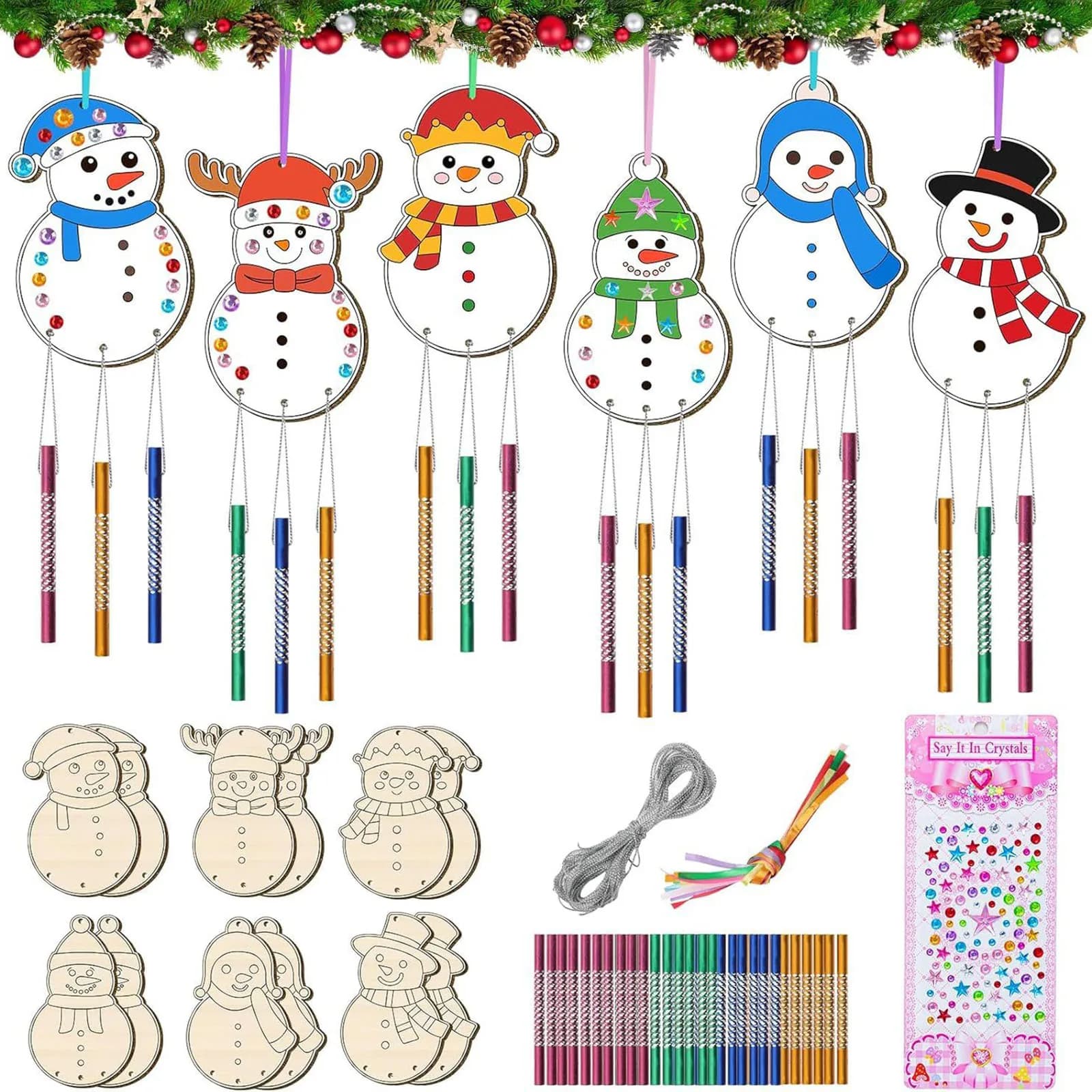 Christmas DIY Wind Chime Kit Cute Snowman Wood Board Hanging Ornament for Children Adult