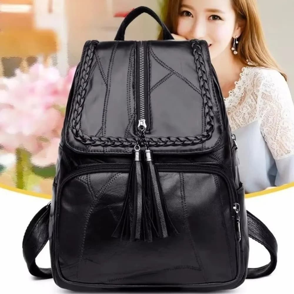 Zaino in Pelle PU Tinta Unita con Cerniera, Borsa a Tracolla Nera con Nappine, Borsa a Mano in Stile Coreano per Studenti