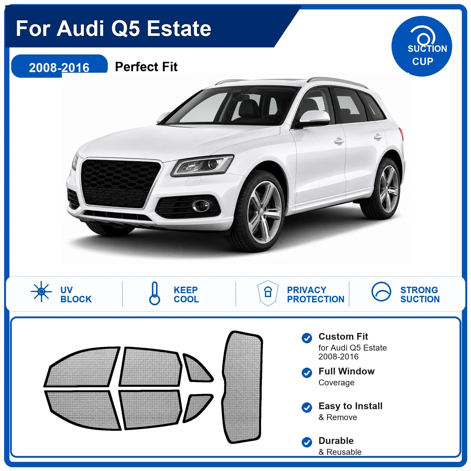 For Audi Q5 Estate 2008-2016 Custom Full Set Windshield Sun Shade Aluminum Foil Heat Insulation Anti UV Foldable