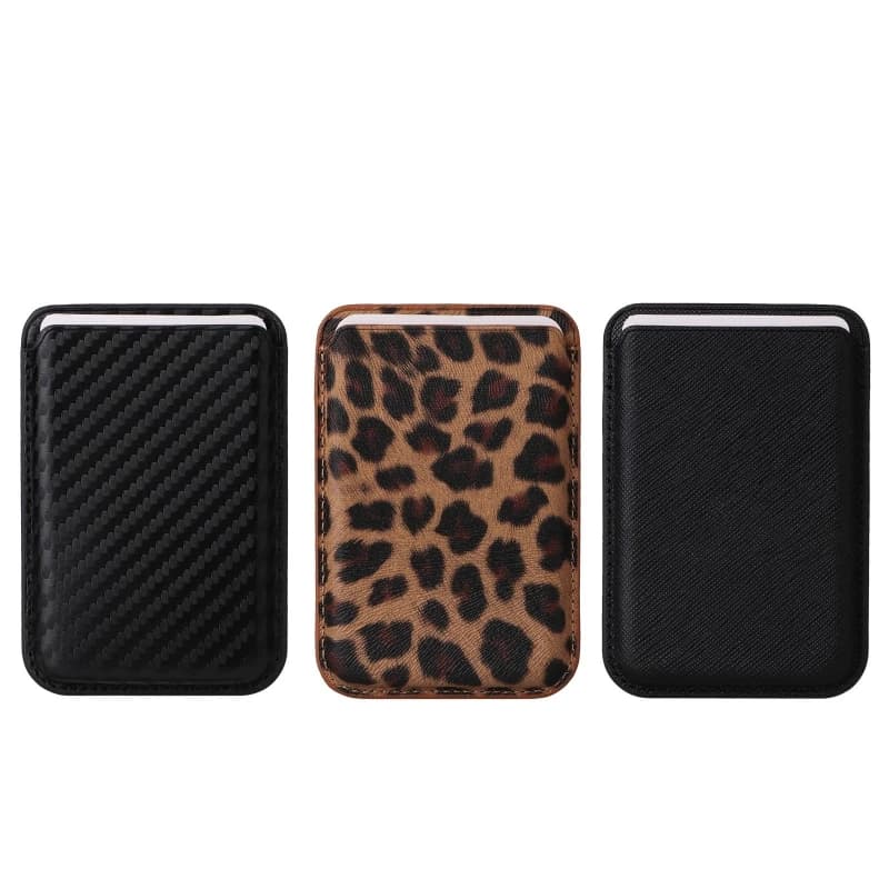Custodia Portacarte Magnetica Forte in Pelle Saffiano con Stampa Leopardata e Fibra di Carbonio per Magsafe, Compatibile con iPhone 17 16 15 14 13 12 Pro