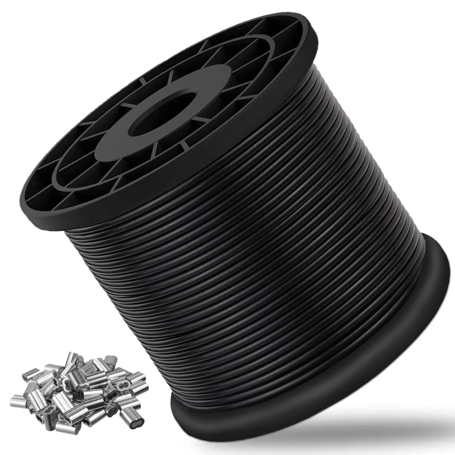 Cavo in acciaio inossidabile rivestito in vinile nero, da 1/16" a 3/32" di diametro esterno x 700FT con manicotti a crimpare per luci a stringa e stendibiancheria