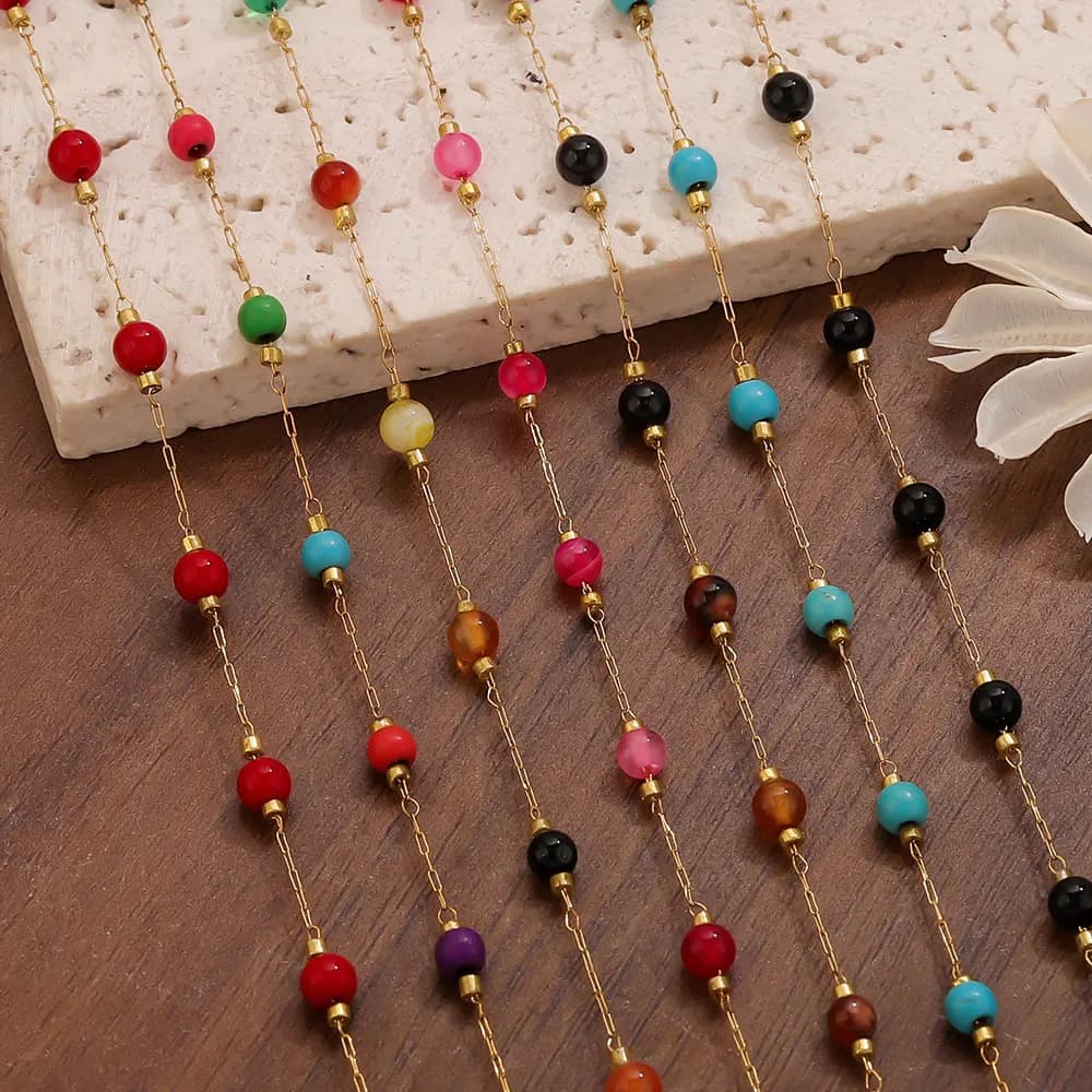 Catene con Perline in Pietra Naturale Rotonde in Acciaio Inox Multicolore 1M per Creazione di Collane e Bracciali, Accessori per Gioielli