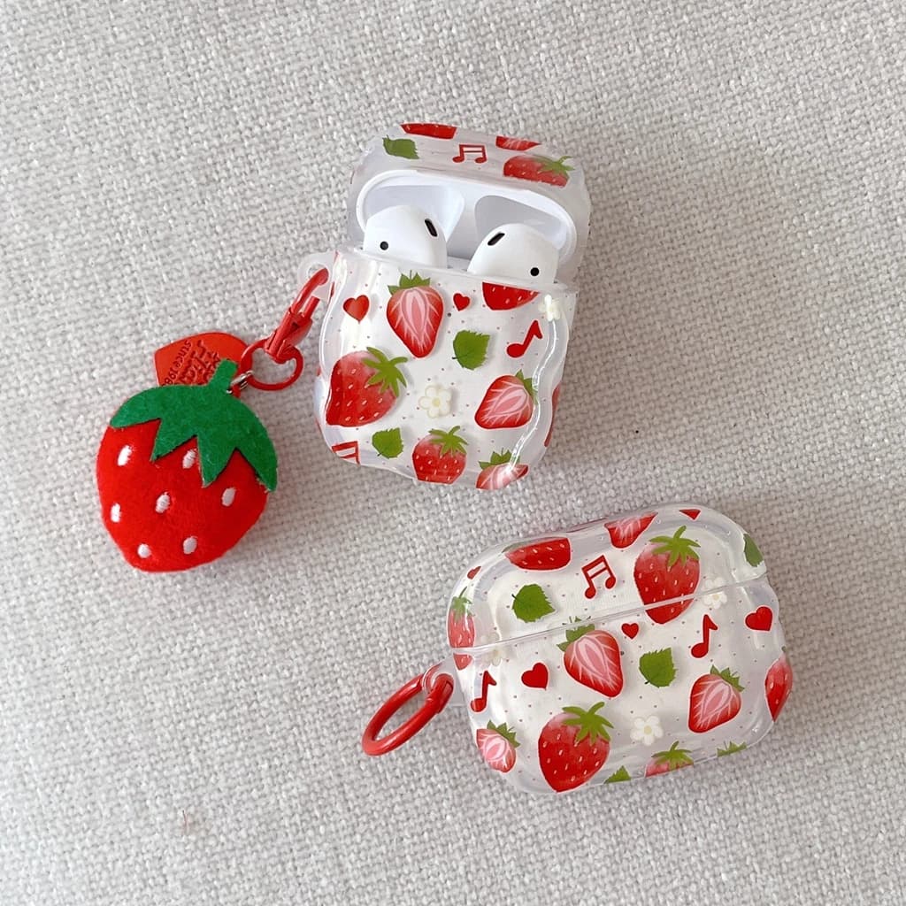 Fresh sweet strawberries Love Heart Music notes with pendant Headset for AirPods 1 or 2 3 4 Pro 2 Pro 3
