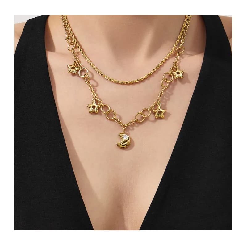 Collana e Bracciale con Ciondolo Stella e Luna Fairy Wind, Squisito Set Bicolore in Acciaio Inossidabile Elettrico, Personalizzato, per Clavicola