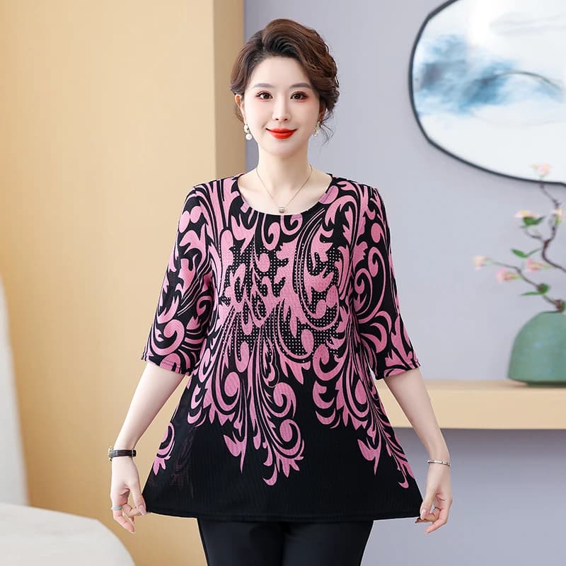 Donne Girocollo Primavera Estate Nuovo Pendolarismo Minimalista Diamanti Stampati Manica 3/4 Allentato Pullover Midi T-shirt Top Plus Size