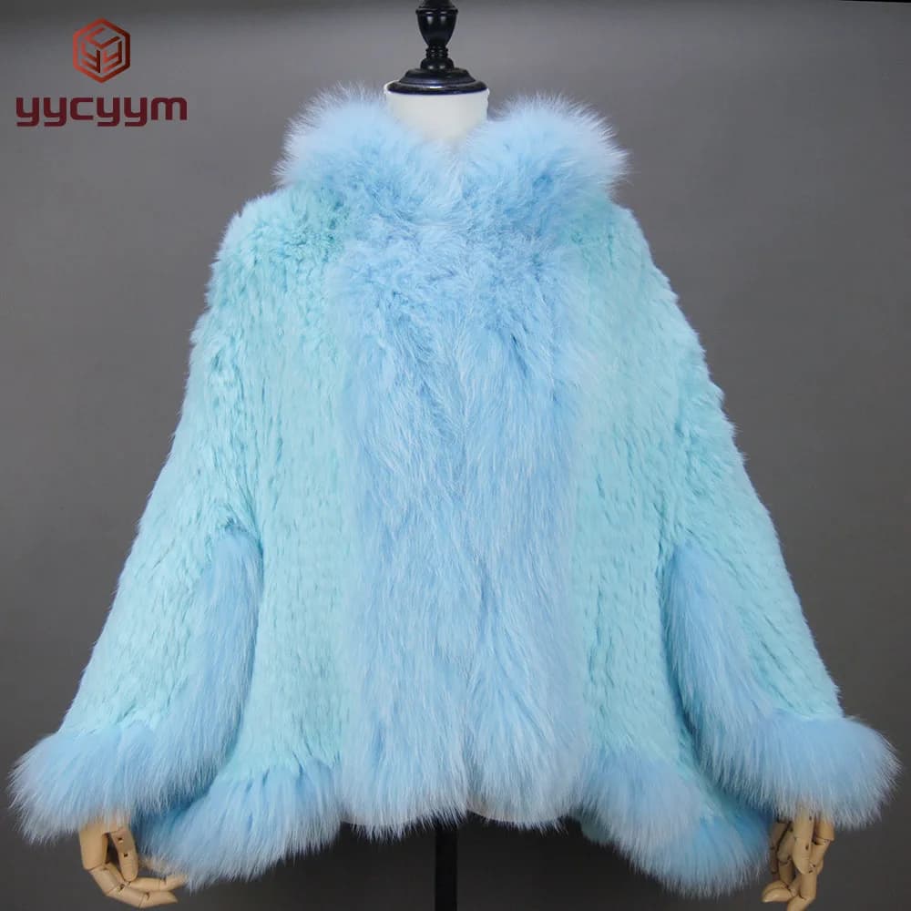 Cappotto scialle in pelliccia di coniglio lavorata a maglia naturale genuina di nuovo stile alla moda con collo in pelliccia di volpe Mantello giacca in maglia moda donna