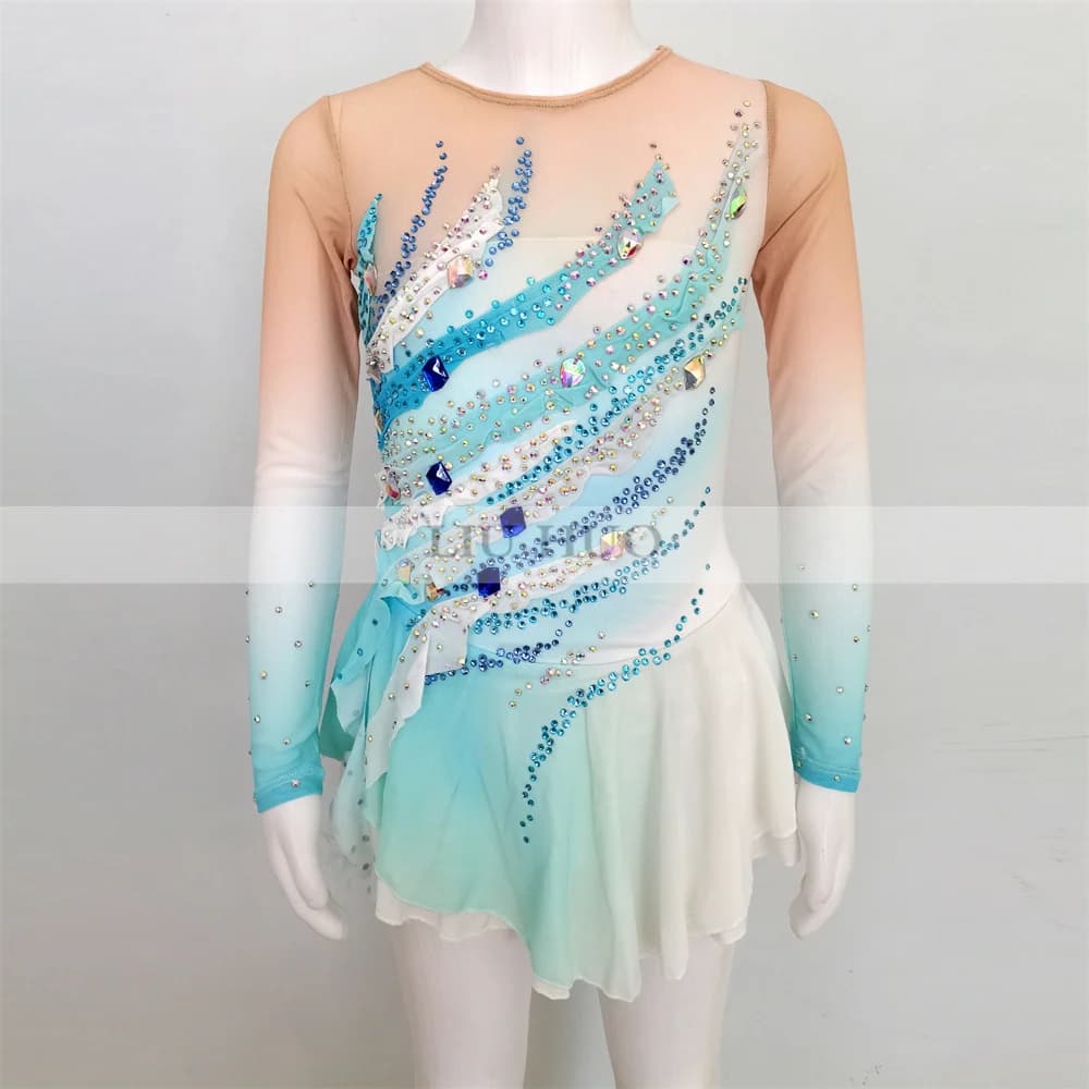LIUHUO Danza sul Ghiaccio Pattinaggio di Figura Vestito da Donna a Righe Adolescenti Ragazza Personalizza Costume Prestazioni Competizione Roller Blu Danza Bambino