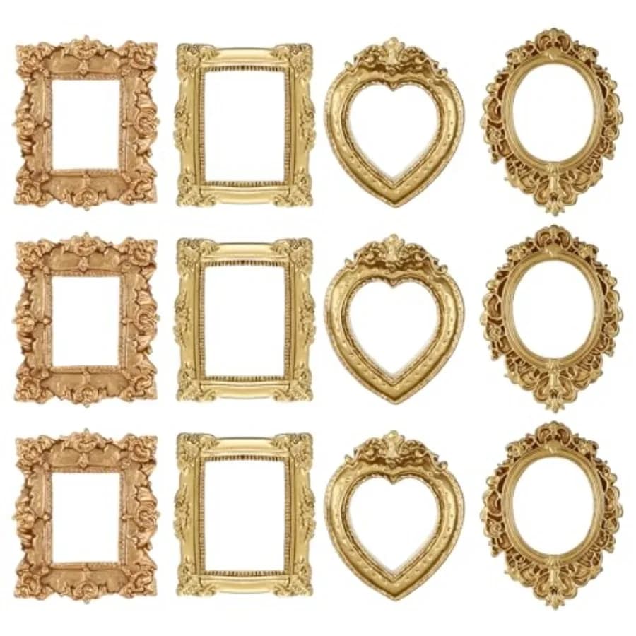12 Pcs Miniature Picture Frames Mini Vintage Gold Frame Antique Resin Rectangle Jewelry Frame DIY Photo Crafts Tiny Picture Fra