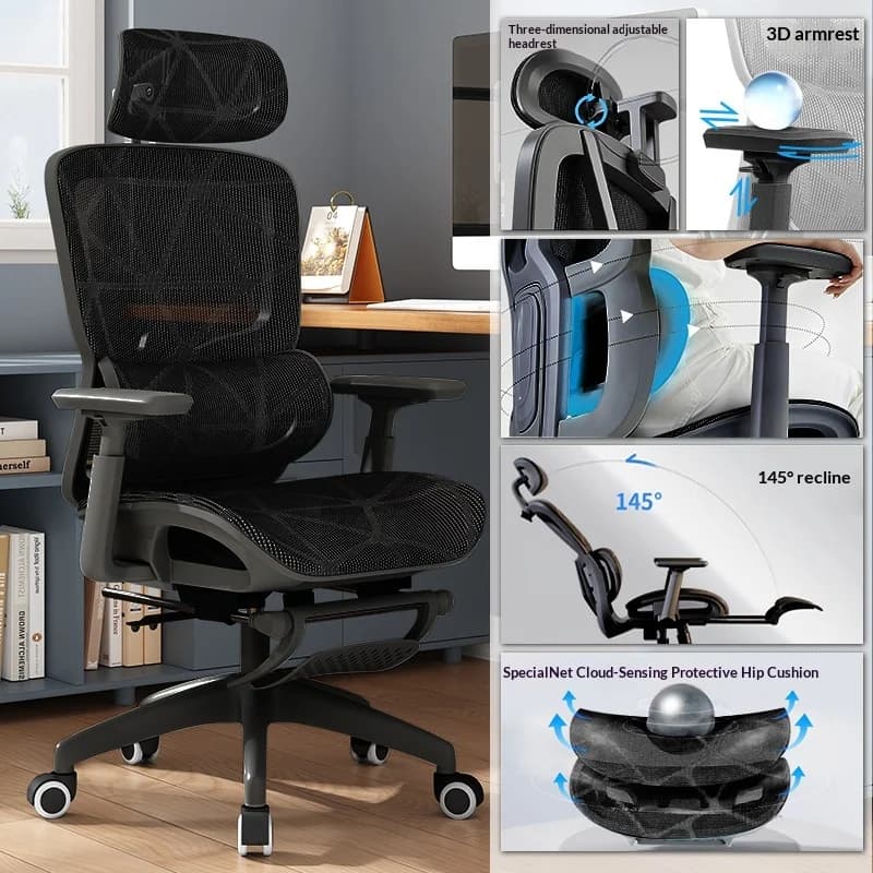 Sedia da Ufficio Ergonomica da Gaming Regolabile Reclinabile con Supporto Lombare Poggiatesta Girevole Comfort per Tutto il Giorno Casa Nero Grigio