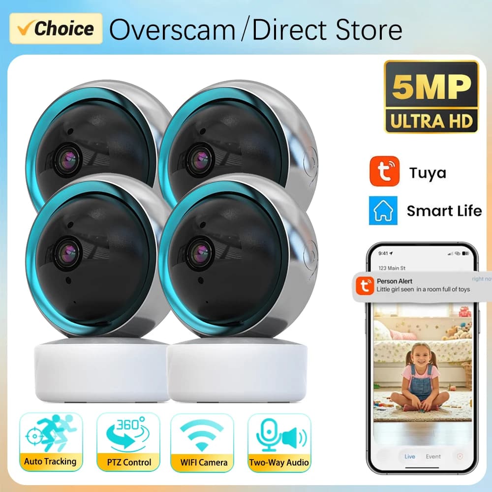 Sistema di Telecamere di Sicurezza Domestica Tuya Smart Life, Wireless 5MP Wifi CCTV PTZ IP, Videocamera di Sorveglianza con Audio Bidirezionale, Monitor per Bambini