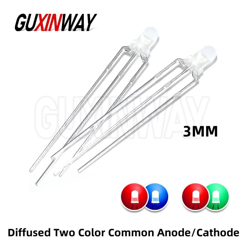 50 pcs F3 3mm Diffused Two Colors Common Nail/Cathode Round LED Red Blue Green Diode Bicolor Light emitter
