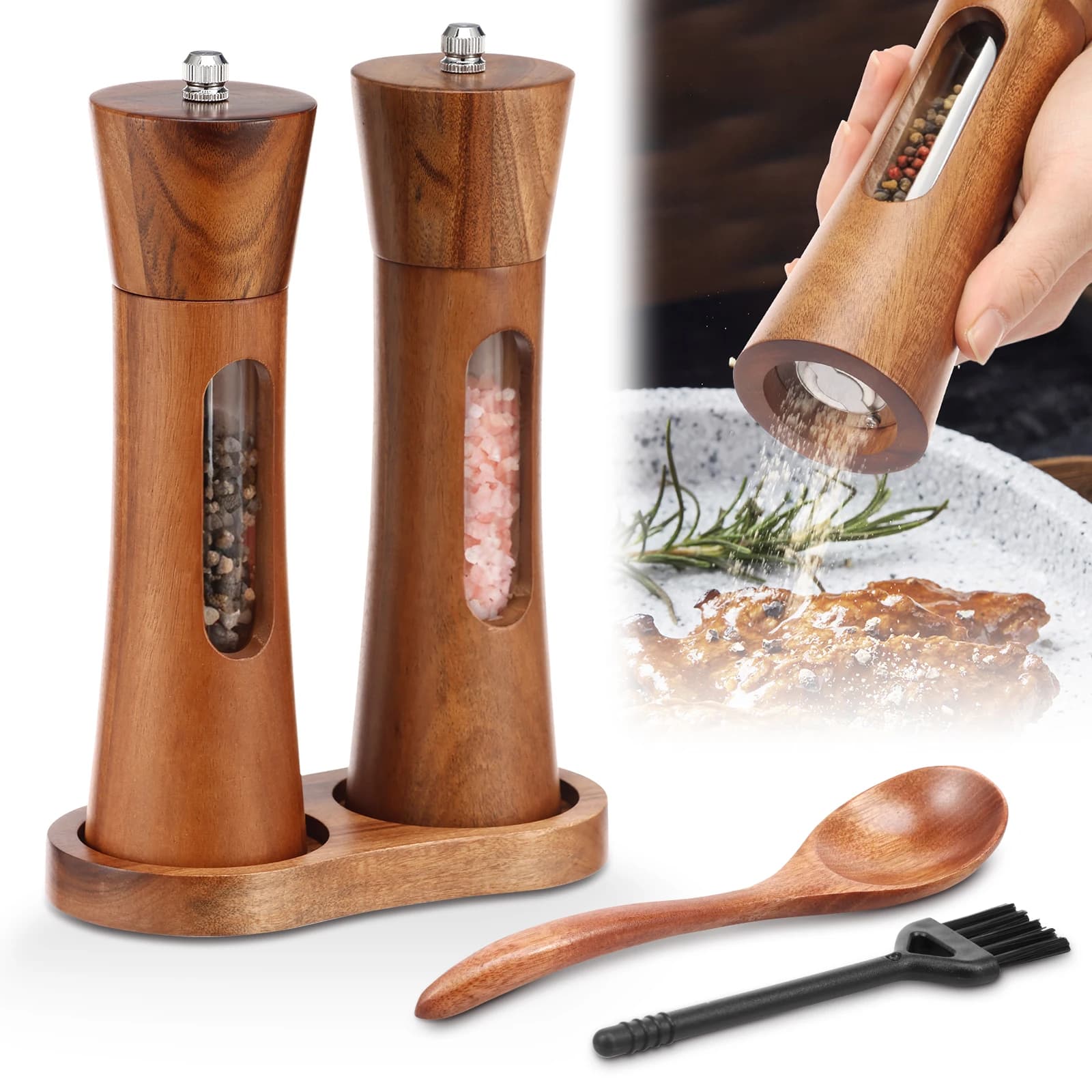 Set Macinapepe e Macinasale Manuale in Legno, Regolabile in Fineness, Multiuso, 7,87 Pollici