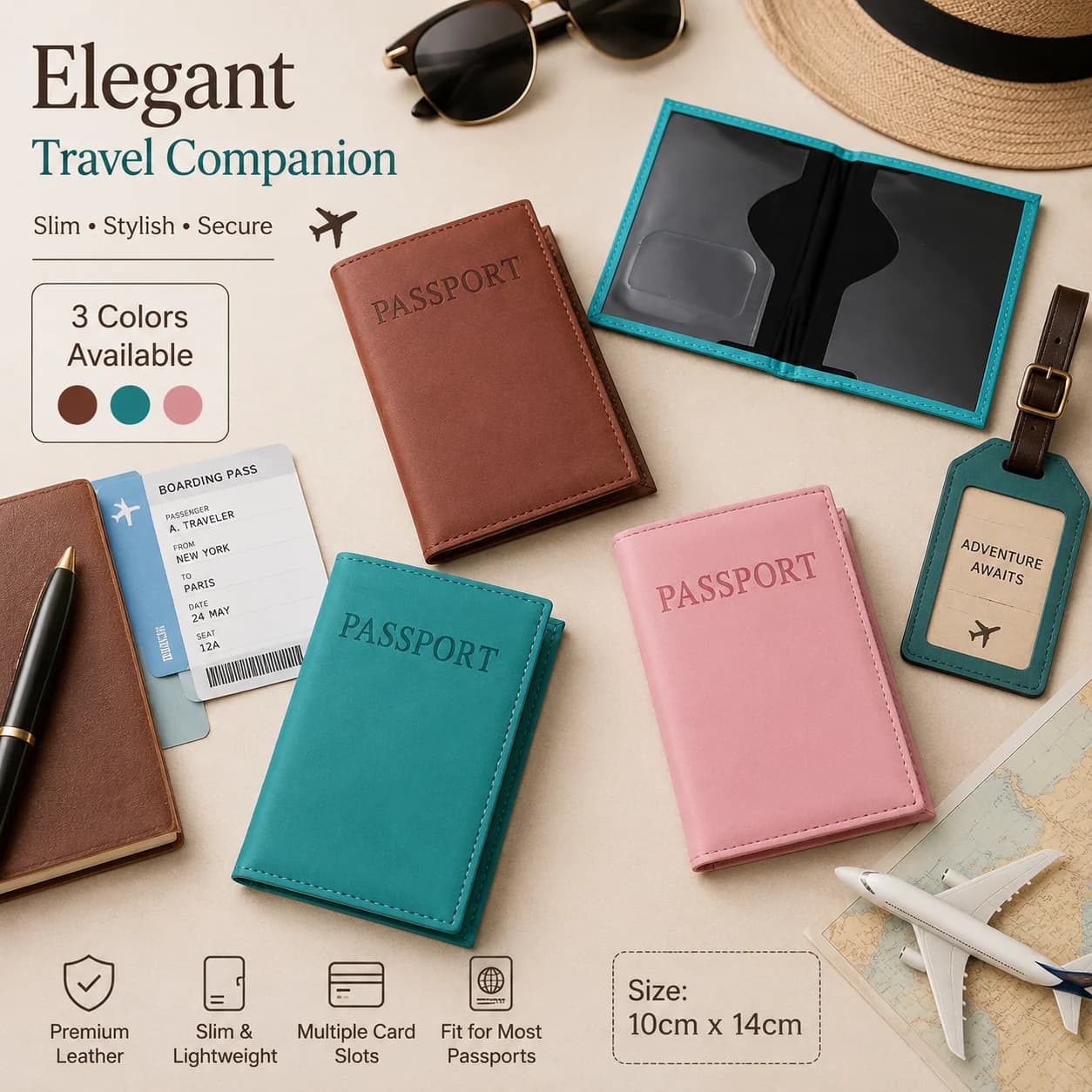 Passport Holder Leather, Slim Travel Document Case, Protective Passport Cover with Card Slots for Travel