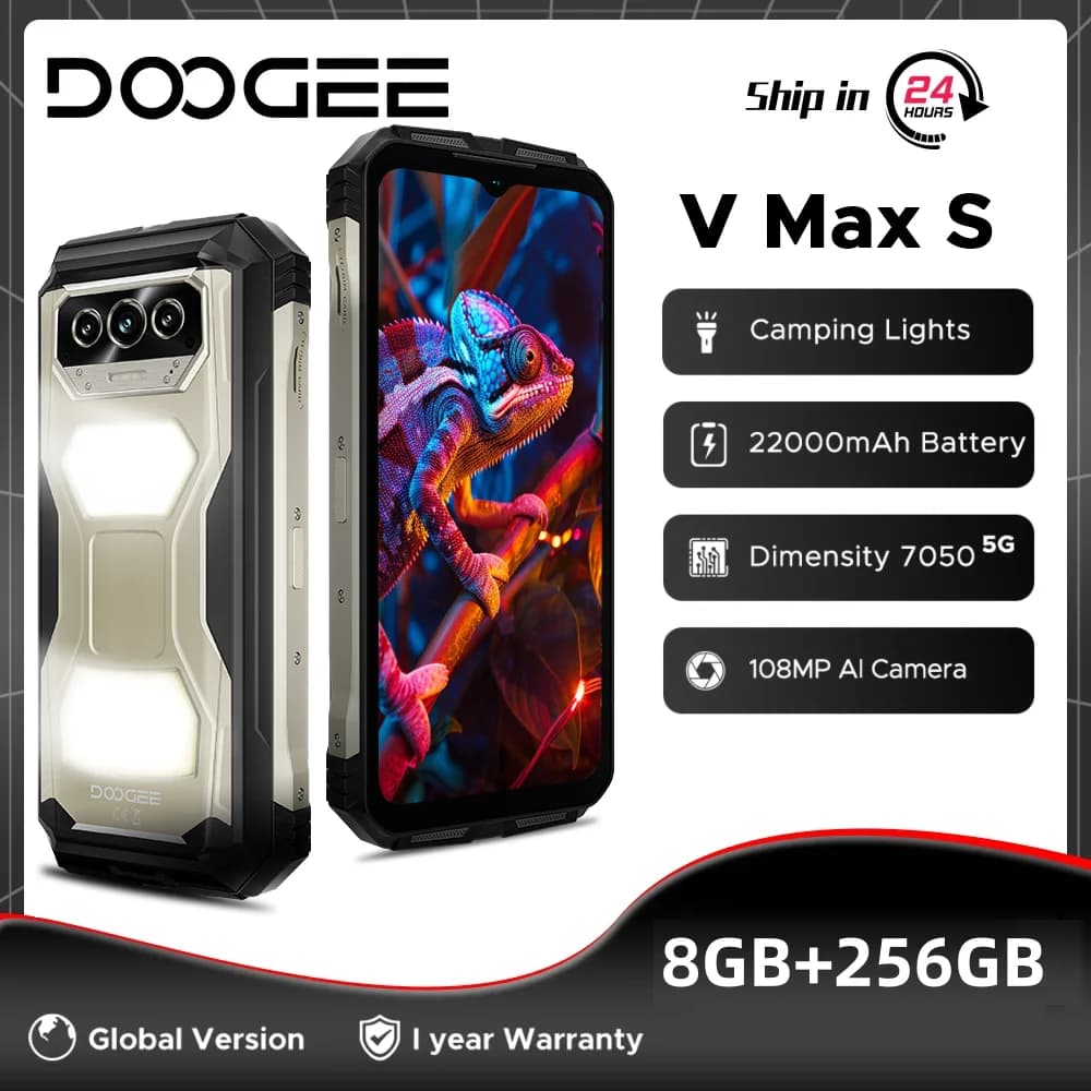 Versione globale DOOGEE V Max S 5G Telefono robusto 8GB 256GB 6.58 "120Hz 22000mAh Batteria 108MP Fotocamera Doppia luci da campeggio NFC