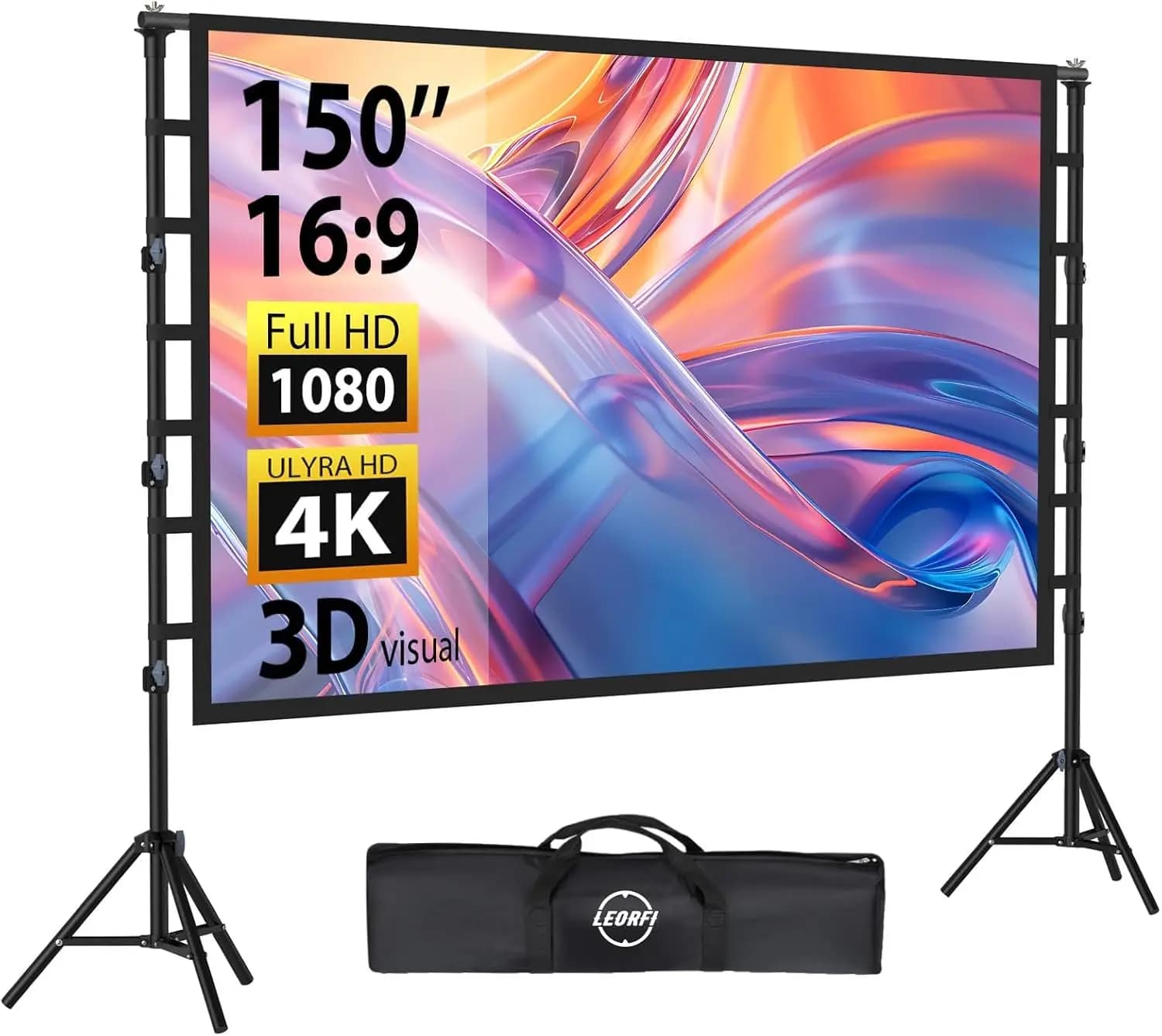 Schermo per Proiettore Portatile da 150 Pollici con Supporto Regolabile, 4K HD Senza Pieghe per Home Theater Interno/Esterno