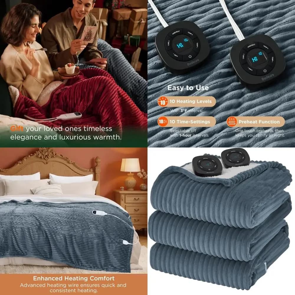 Coperta elettrica Queen Size: morbida flanella con doppi controlli, 10 opzioni di calore e tempo, spegnimento automatico 8 ore (grigio, 84x90 pollici)
