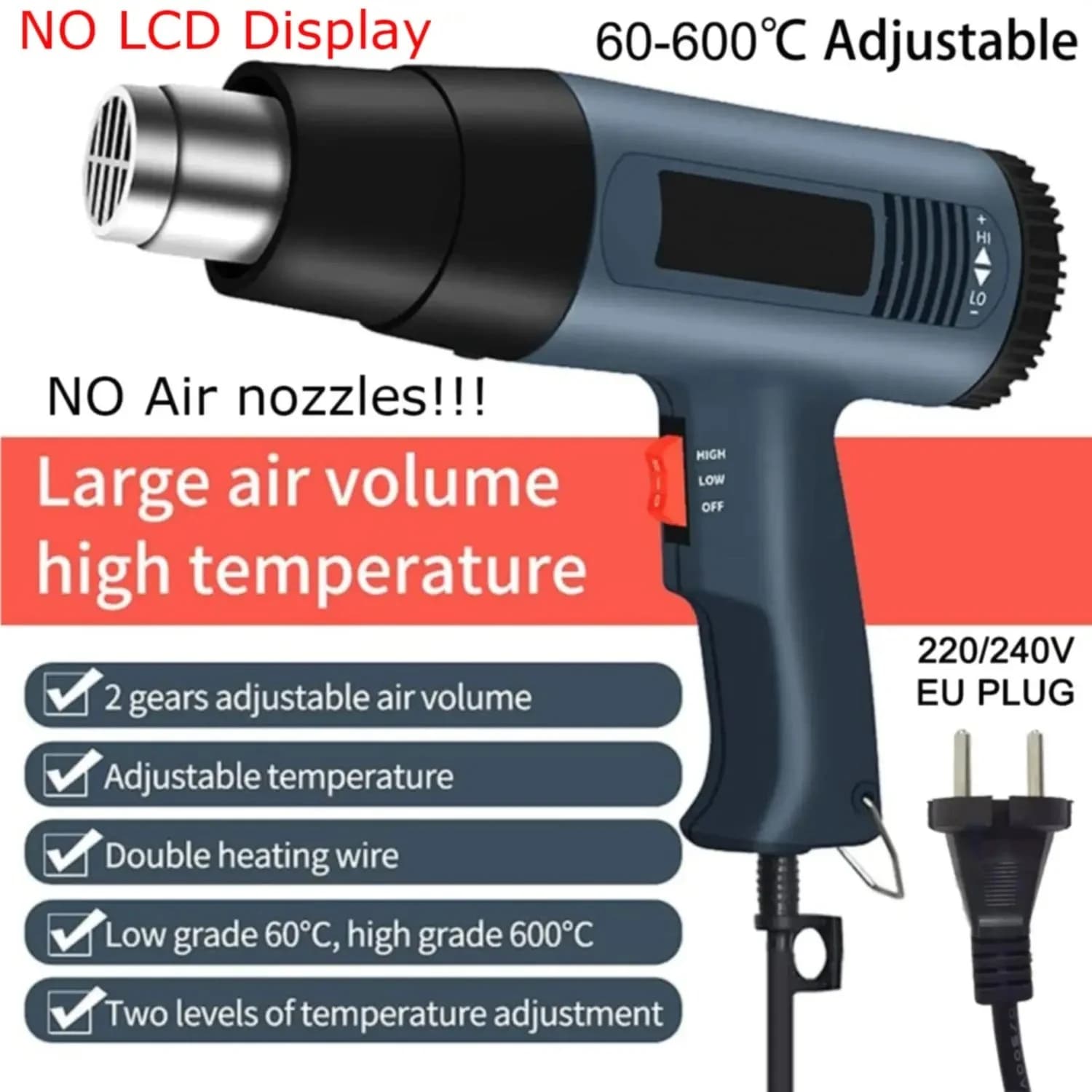 Pistola termica professionale da 2000 W Pistola ad aria calda 60-600 D 4 ugelli per verniciatura fai-da-te restringimento PVC e casa